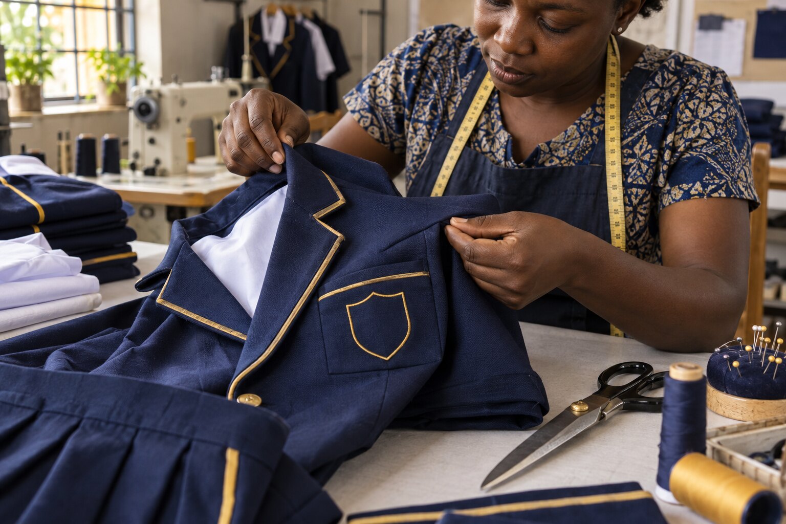 Uniform maker inspecting school garments in a professional workshop